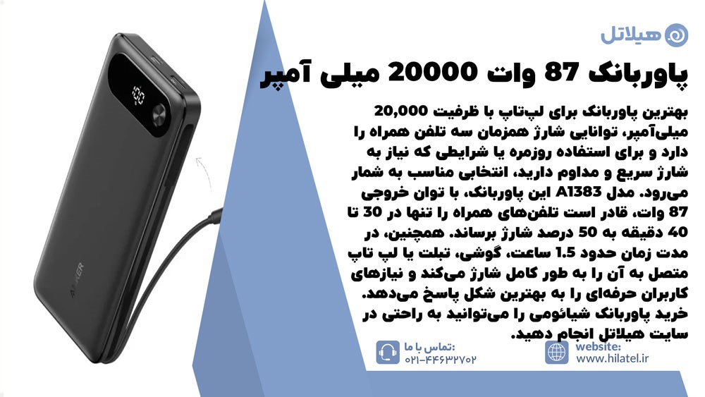 پاوربانک 87 وات 20000 میلی آمپر انکر مدل A1383